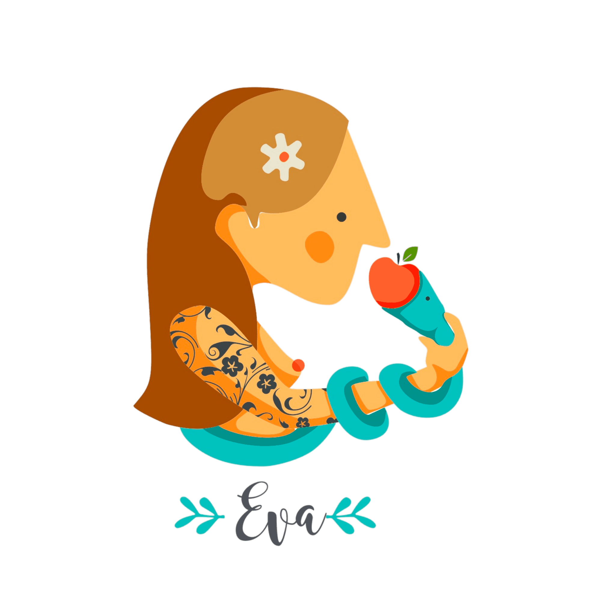 Ilustración de Eva sosteniendo a la serpiente, enrollada en su brazo y ofreciéndole una manzana con la boca. Todo colorido y simbólico. Imagen creada por Tutticonfetti para "Las Primeras Pecadoras".